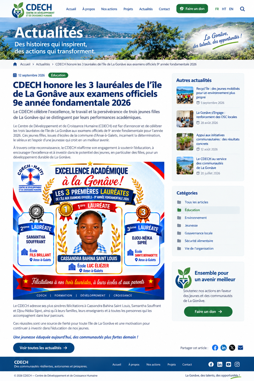 Flyer CDECH honorant les trois lauréates de La Gonâve aux examens officiels de 9e année fondamentale 2026